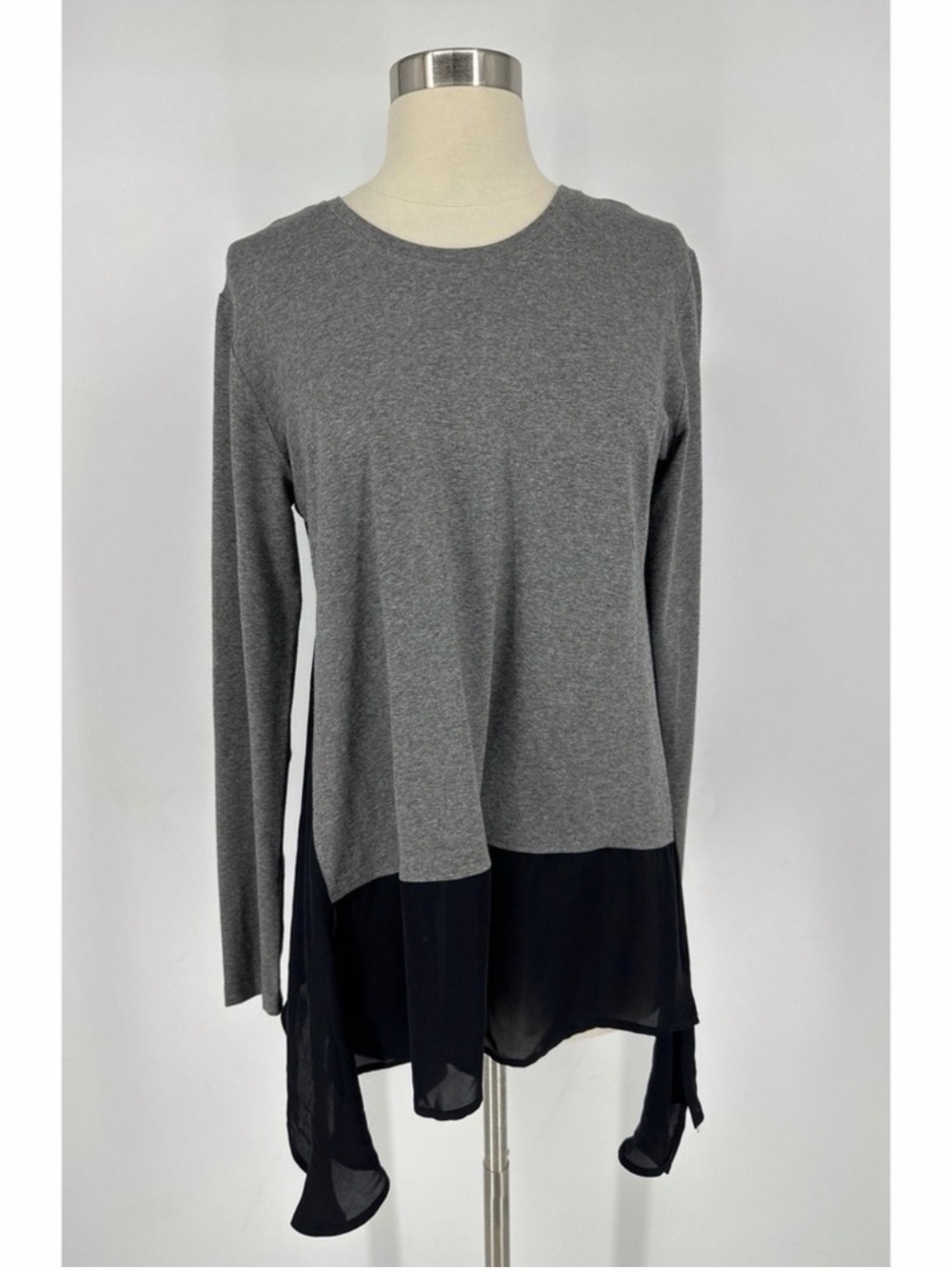 Harari Women's Gray Layered Long-Sleeve Top with Black Chiffon Hem